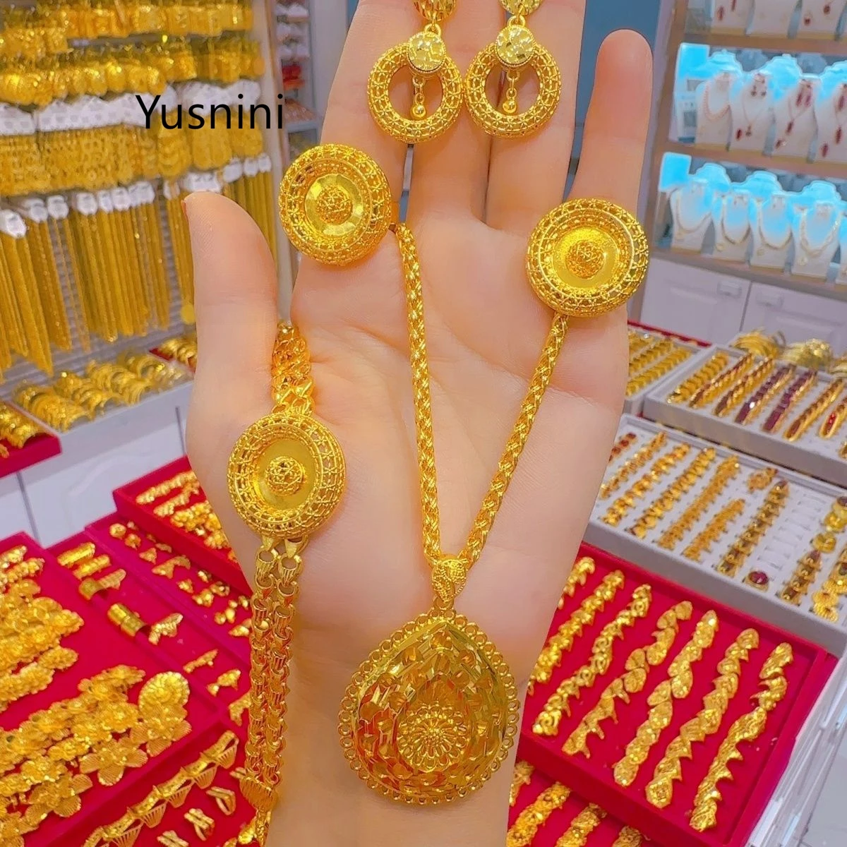 

New French Dubai Fashion 24K Gold Plated Necklace Earrings Rings Bracelet Elegant Engagement Party Jewelry Set for Lover