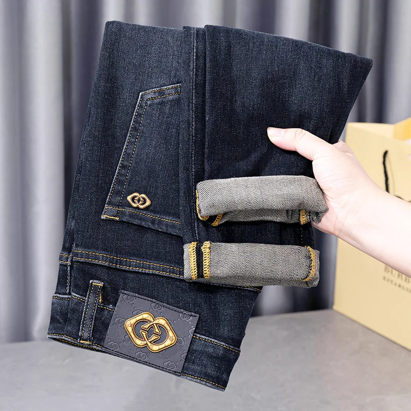 Celana Jeans bisnis pria, celana panjang kurus meregang kasual Slim Fit dipertebal untuk lelaki 2024