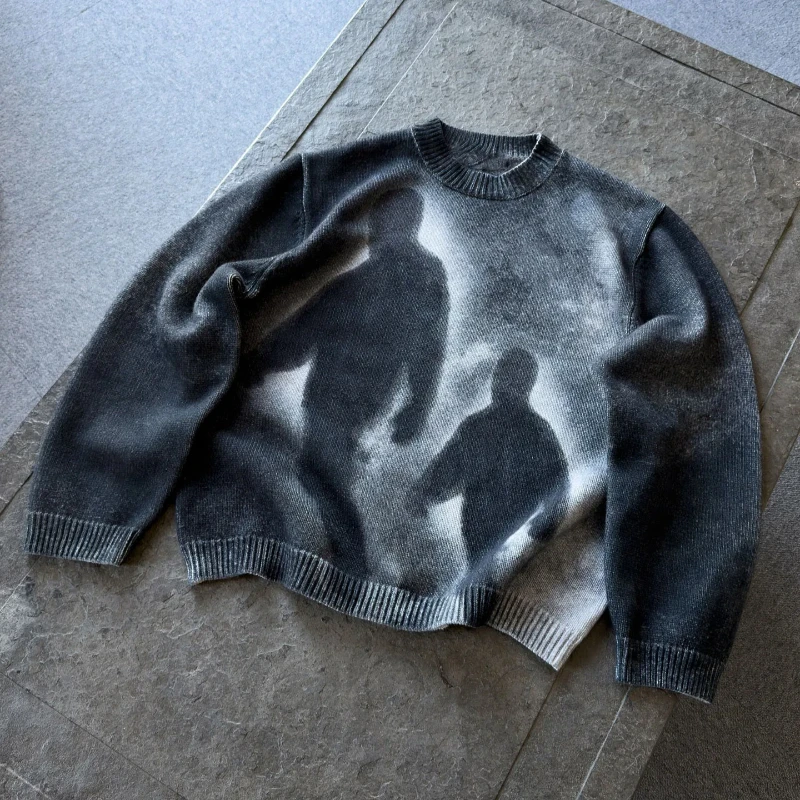 European Gradient Abstract Artistic Portrait Pattern Loose Knit Pullover High Street Punk Gothic Round Neck Long Sleeve Sweater