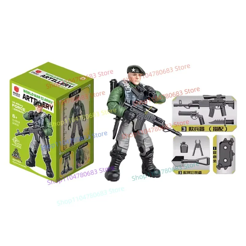 Ensemble d'exposition de jouets de figurines d'action de soldat américain de la Seconde Guerre mondiale, blocs de construction avec articulations articulées, cadeau de collection d'anime de dessin animé