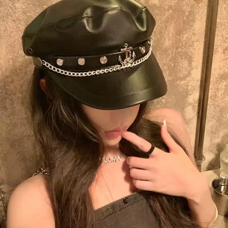 Retro British Style Berets Female Korean Pu Leather Casual Cap Boat Anchor Chain Link Rivet Decoration Japanese Octagonal Caps