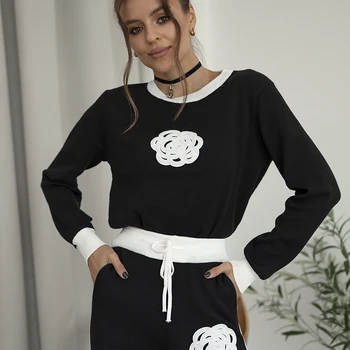 여성용 캐주얼 니트 투피스 세트, 꽃 스웨터 매칭 세트, 니트 운동복, 여성용 투피스 세트, 겨울 세트 