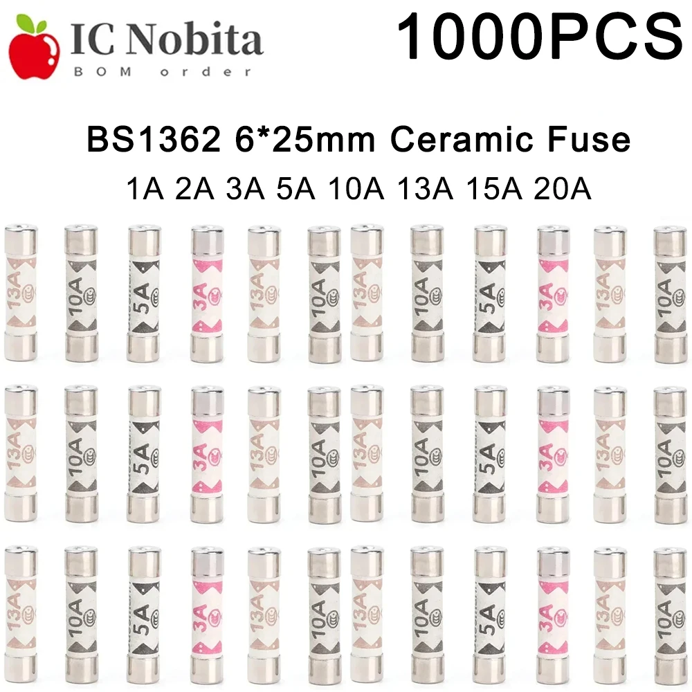 

1000PCS BS1362 6x25mm Ceramic Fuse Sand-Filled Slow-Blow Anti-Arc British Standard Plug Fuses 1A 2A 3A 5A 10A 13A 15A 20A 240V