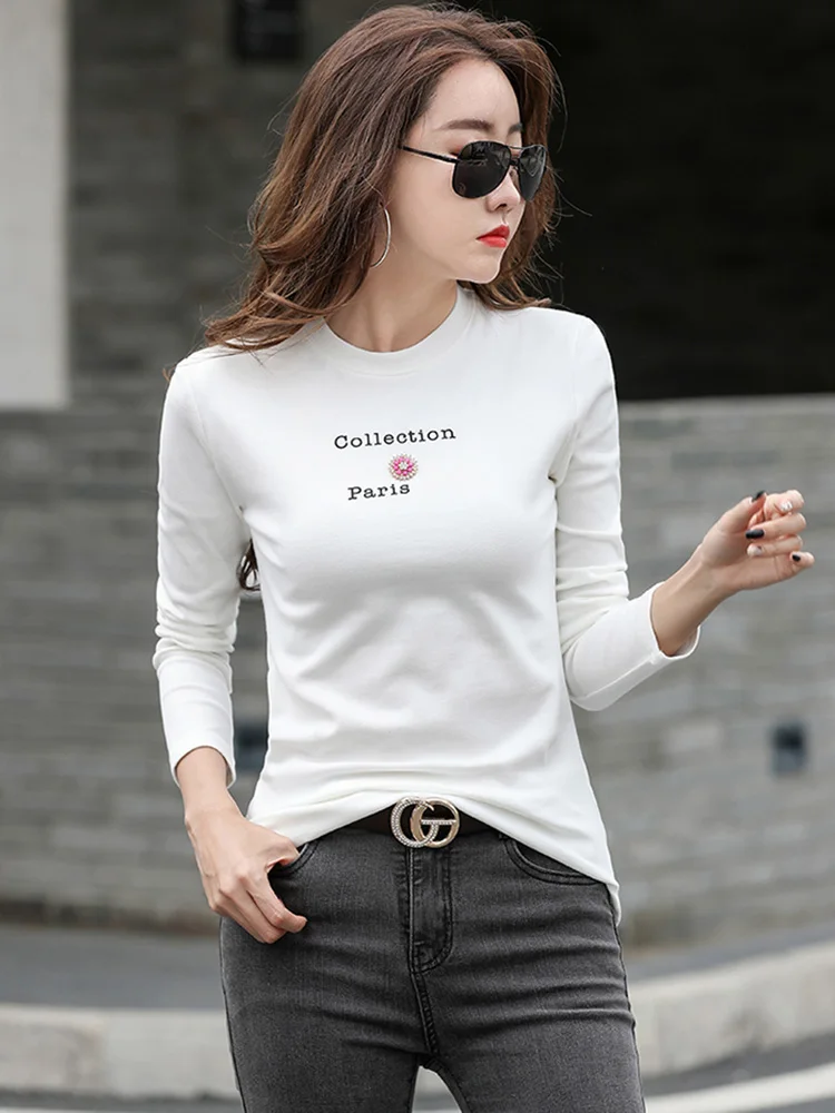 New Women Cotton Plus Velvet T-shirt Autumn Winter Fashion Letter Print Small O-Neck Thick Warm Slim Basic Bottomming Shirt