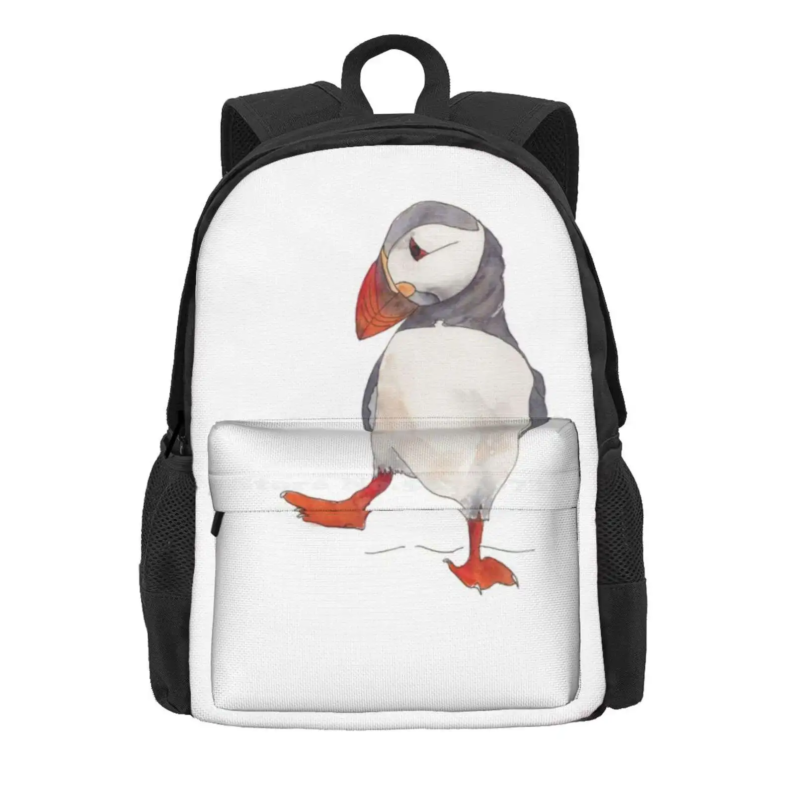 Dancing Puffin Watercolor Illustration Hot Sale Schoolbag Backpack Fashion Bags Kids Children Puffin Water Bird Sea Bird Ocean