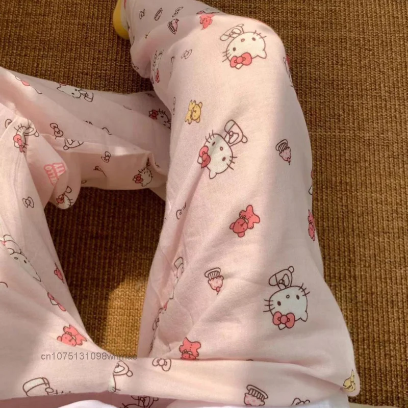 Sanrio Cute Soft Hello Kitty Printed Sleepwear Pants for Women Summer Loose Casual Home Long Pants Cozy Trousers Clothes