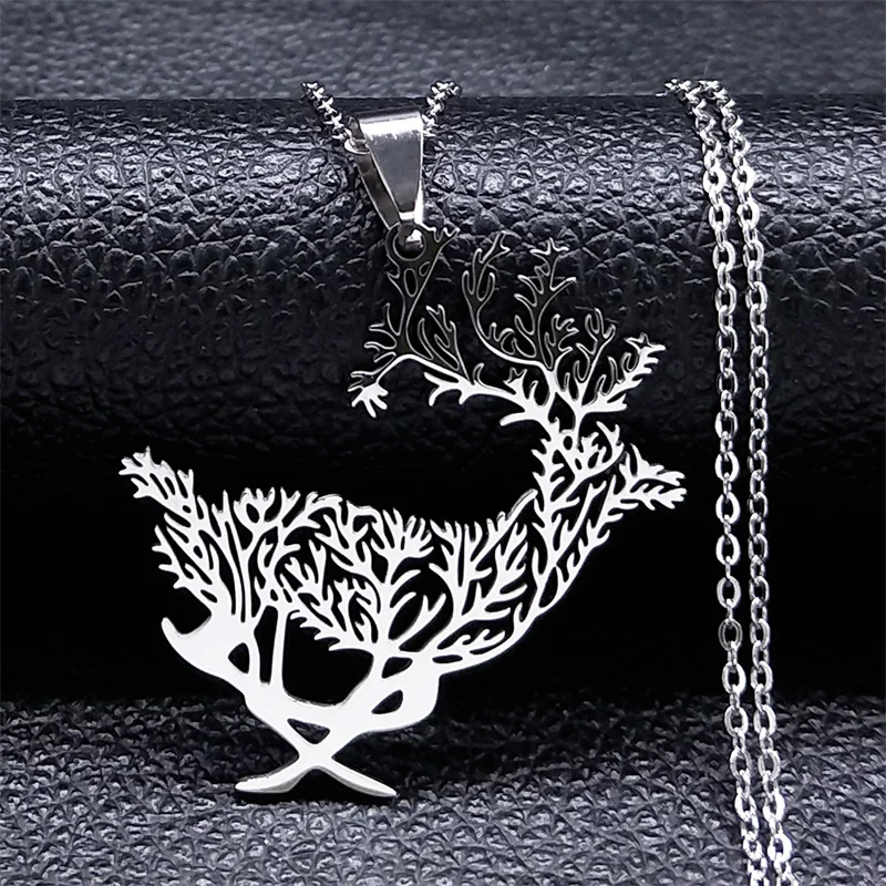 Elk Deer Tree of Life Pendant Necklace Women Silver Color Hollow Stainless Steel Tree Branches Necklaces Jewelry Gifts N2016S04