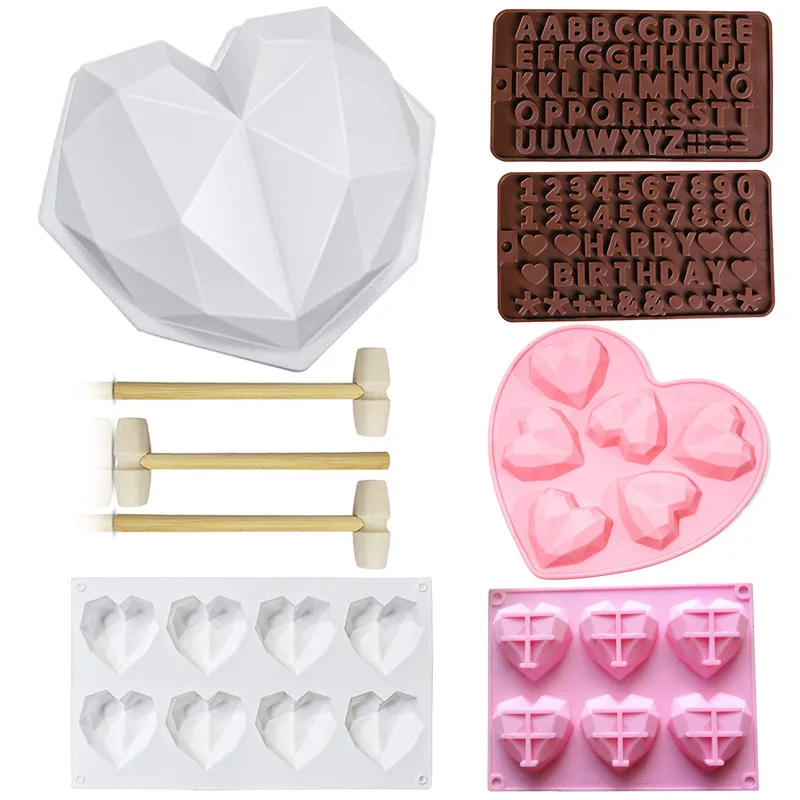 Silicone Diamond Love Baking Mold Set Letter Number Molds 1/6/8 Cavity Heart Mousse Pastry Cake Chocolate Soap Candle Mould