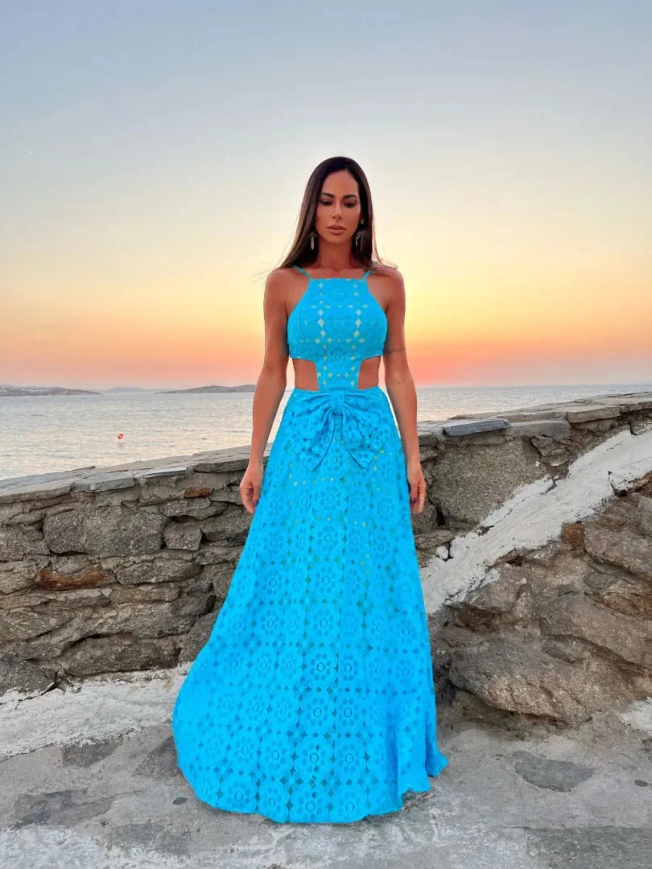 

Halter Dress Hollow Out Bodycon Women Sleeveless A-line Blue Long Dress Fashion Beach Style Female Robe Summer