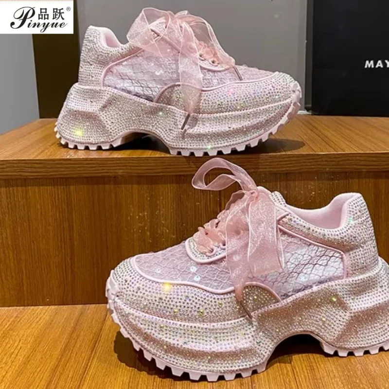 

Женская обувь с блестящими стразами, 7 см, летние дышащие повседневные кроссовки из сетки, женская спортивная обувь, роскошная обувь на платформе, zapatos mujer