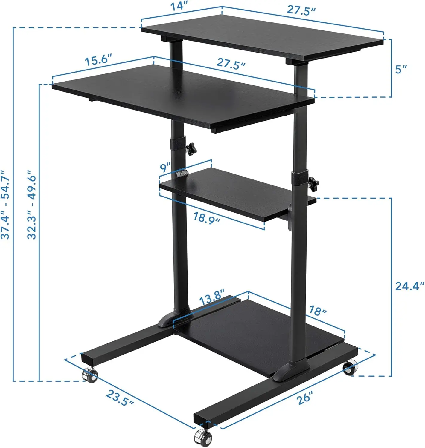 Mobile Standing Desk Cart, Height Adjustable Rolling Stand Up Desk, Computer Workstation for Office, School, Teachers