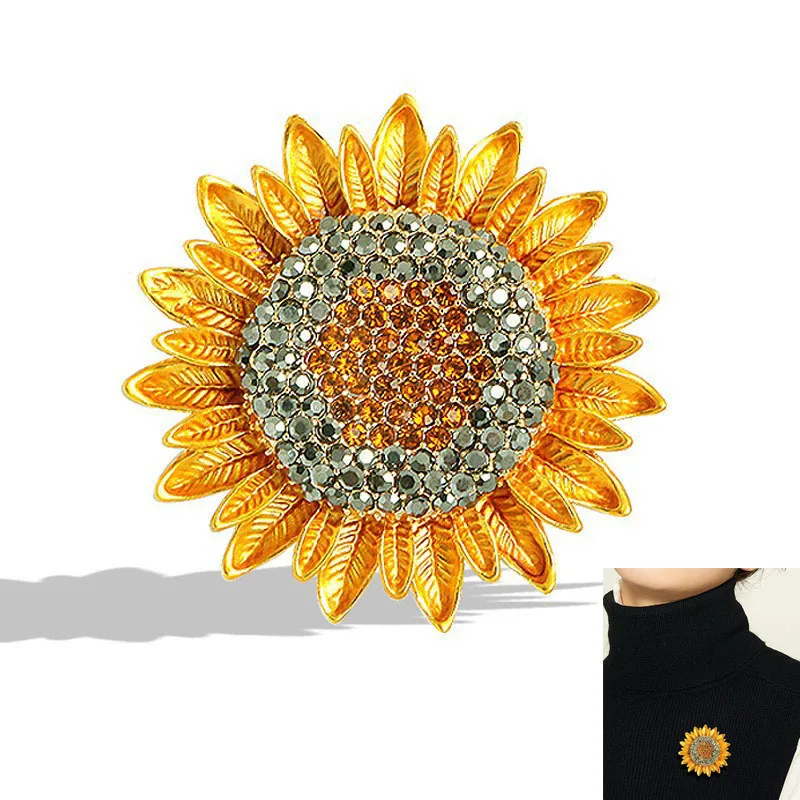 

2025 Trendy Sunflower Brooch Pins for Women Girls Elegant Crystal Rhinestones Plant Yellow Flower Brooches