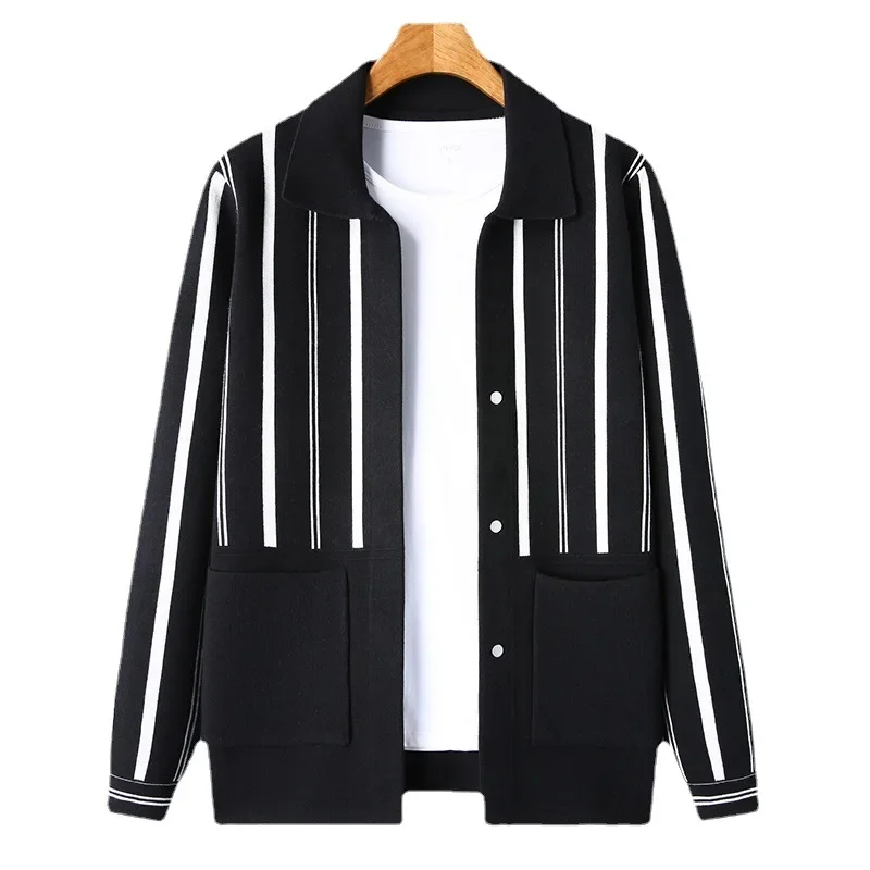 

Autumn V-neck knitted cardigan trend vertical stripe casual top fashion Great Wall pattern sweater jacket men's trend