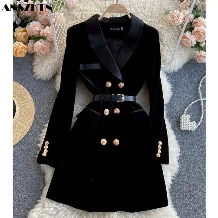 High Quality Fall Winter Black Elegant Women Double Breasted Velvet Long Blazer Office Formal Dress Coats For Ladies