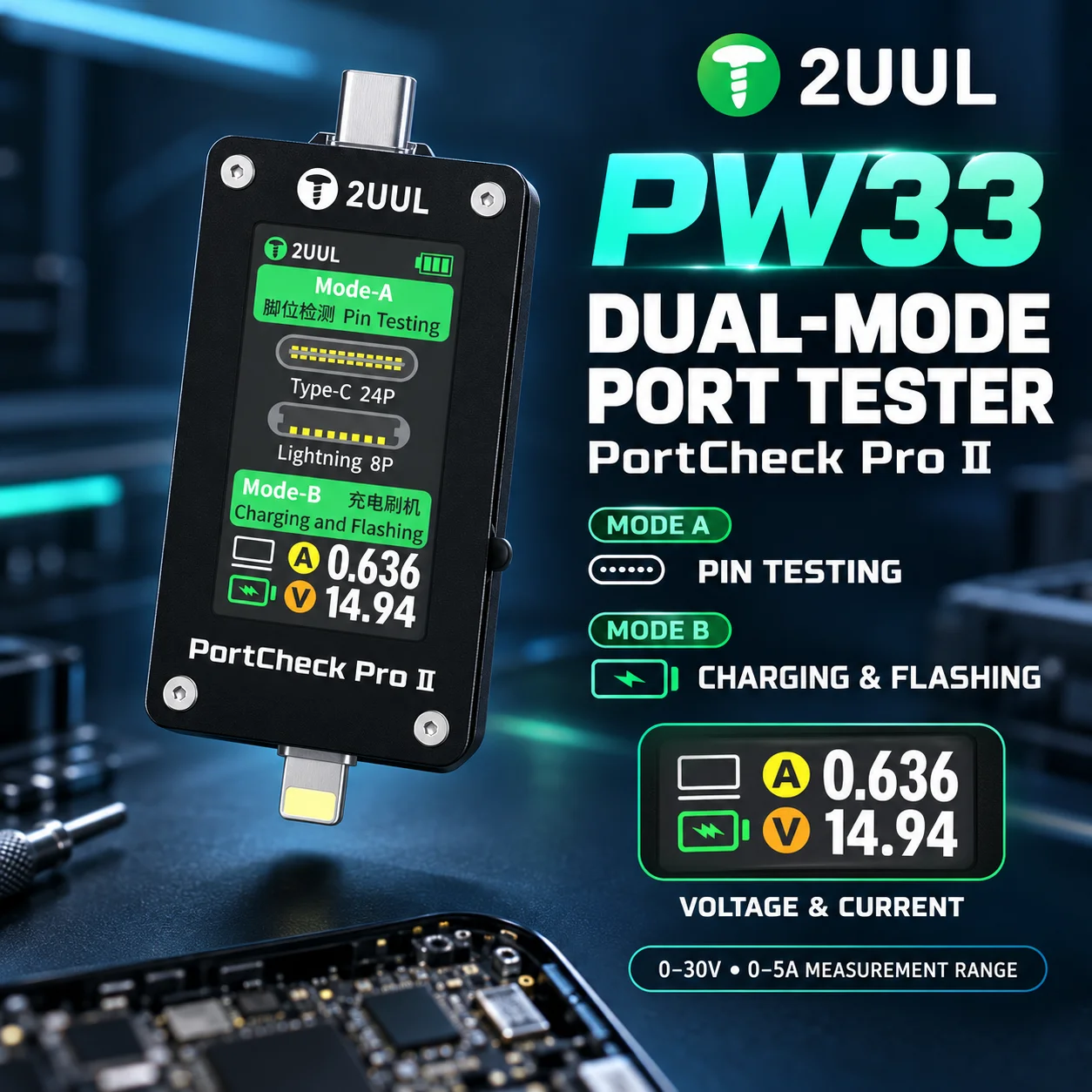 2UUL PW33 PortCheck Pro II Type-C Lightning Port Tester 0-30V 0-5A Voltage Current Meter for Mobile Phone Pin and Charging Tests