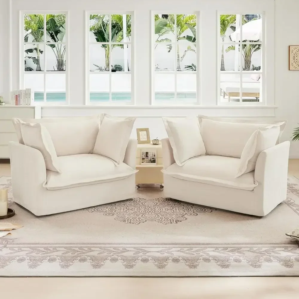 Oversized Slipcovered Armchairs Set of 2, 49 Upholstered Accent Chairs with Throw Pillows for Living Room, Chenille Cream