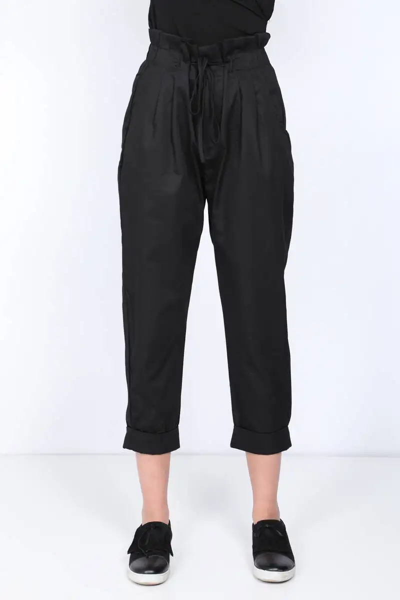 Women's Black Paperbag Turnup Fabric Pants