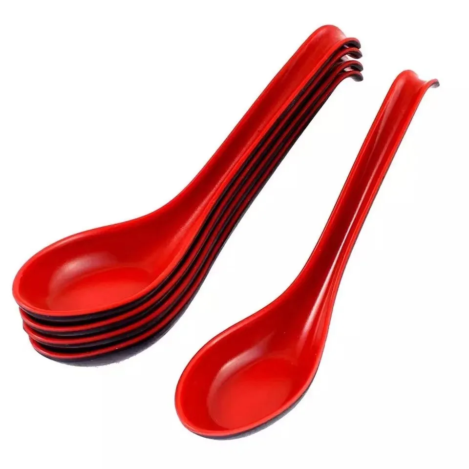 

Hotel Red Black Soup Spoon Hook Kits Kitchen Long Handle Spoon Home Imitation Porcelain Plastic Lamian Noodles Spoon Household