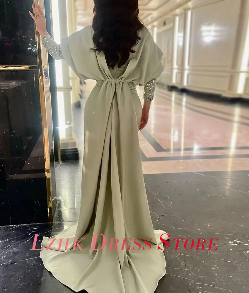 カスタマイズされた優雅なジャージーマーメイドクリスタルスパンコールイブニングドレス繊細な長袖Vネックフロアレングスホームカミングドレス