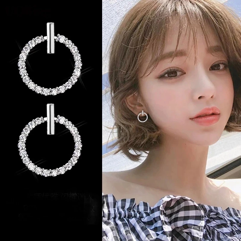 New Delicate Fashion 925 Silver Needle Crystal Rhinestone Geometric Round Stud Earrings for Women Beautiful Jewelry Party Gifts