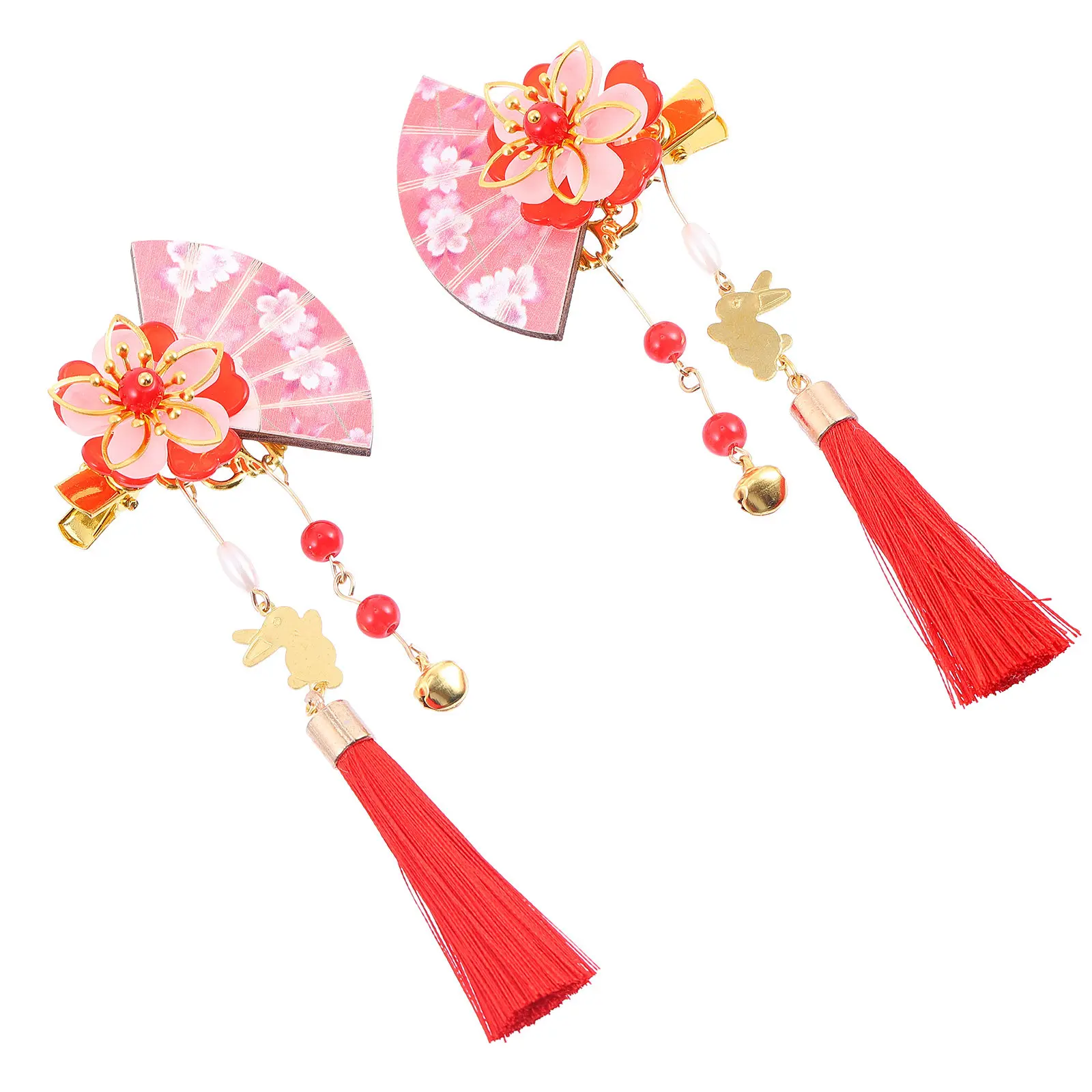 

2pcs Flower Hair Clips Fan Shape Barrette Hairpin Japanese-Style Wooden Tassel Hair Decor Women Costume Accessory