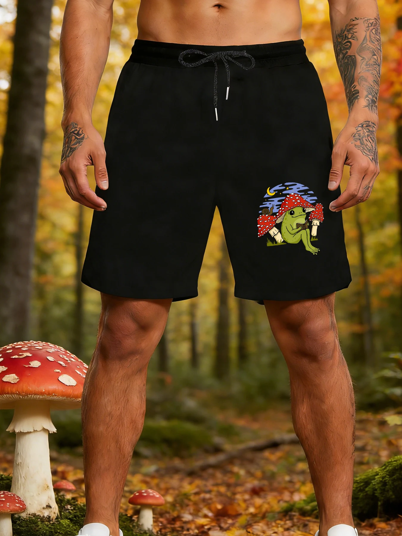 

Cute Frog Mushroom Hat Reading Book Print Men'S Shorts Comfortable Pants Elasticity Streetwear Wide Leg Gym Summer Clothes