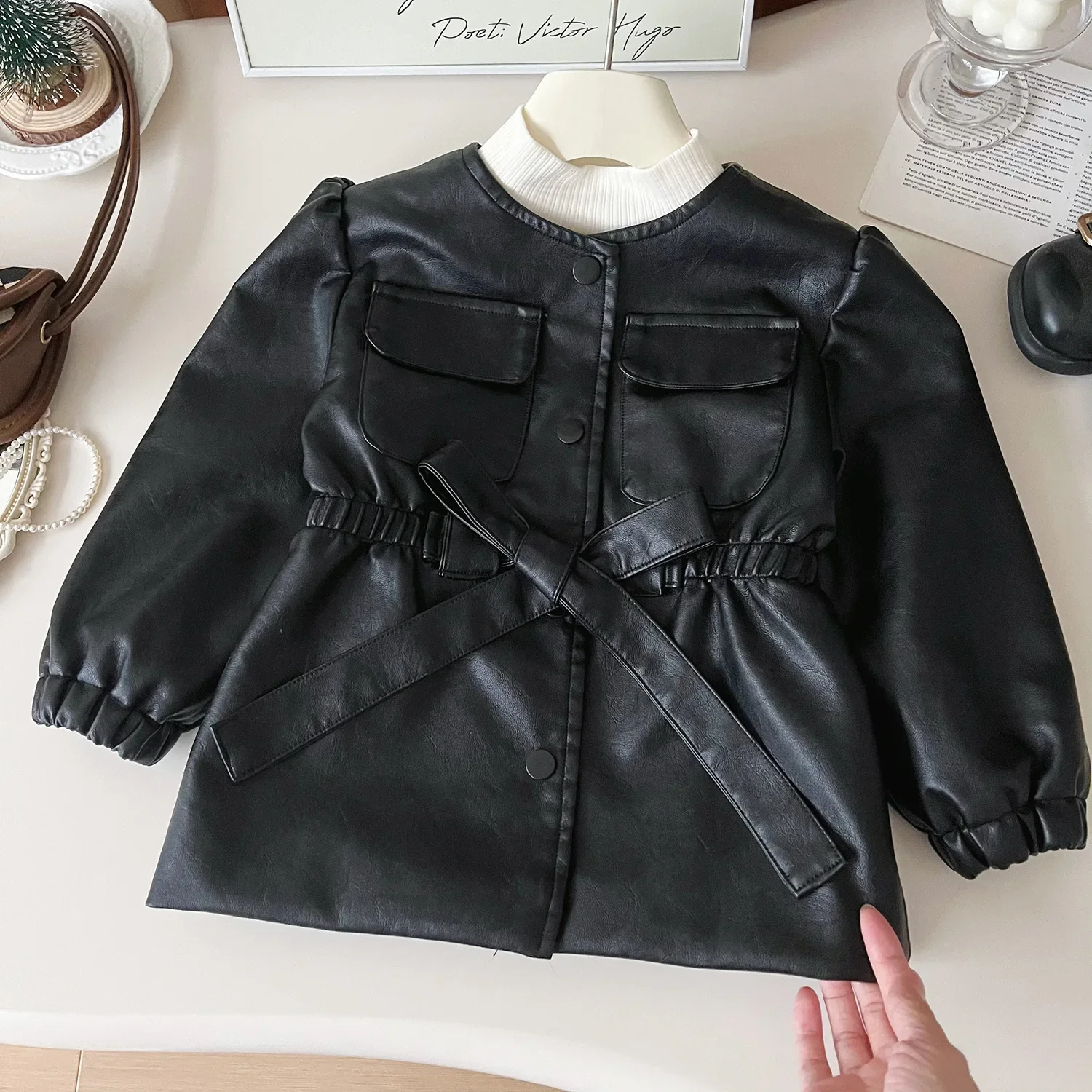 2024 Fashion Girls Baby Soft PU Jackets Autumn  Spring Belt Casual Leather Blazer Kids School All-match Children Coats Clothes