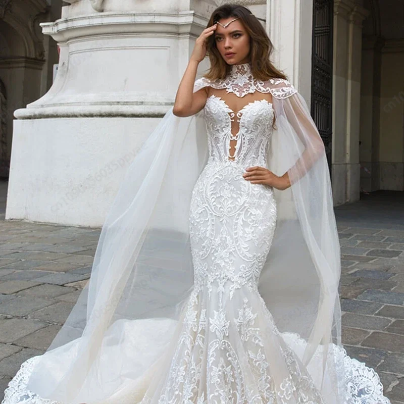 customized Mermaid Wedding Dress Scoop Neck Embroidered Lace Applique Shawl Detachable Cape  Vestidos Novia 2025 Bridal dress