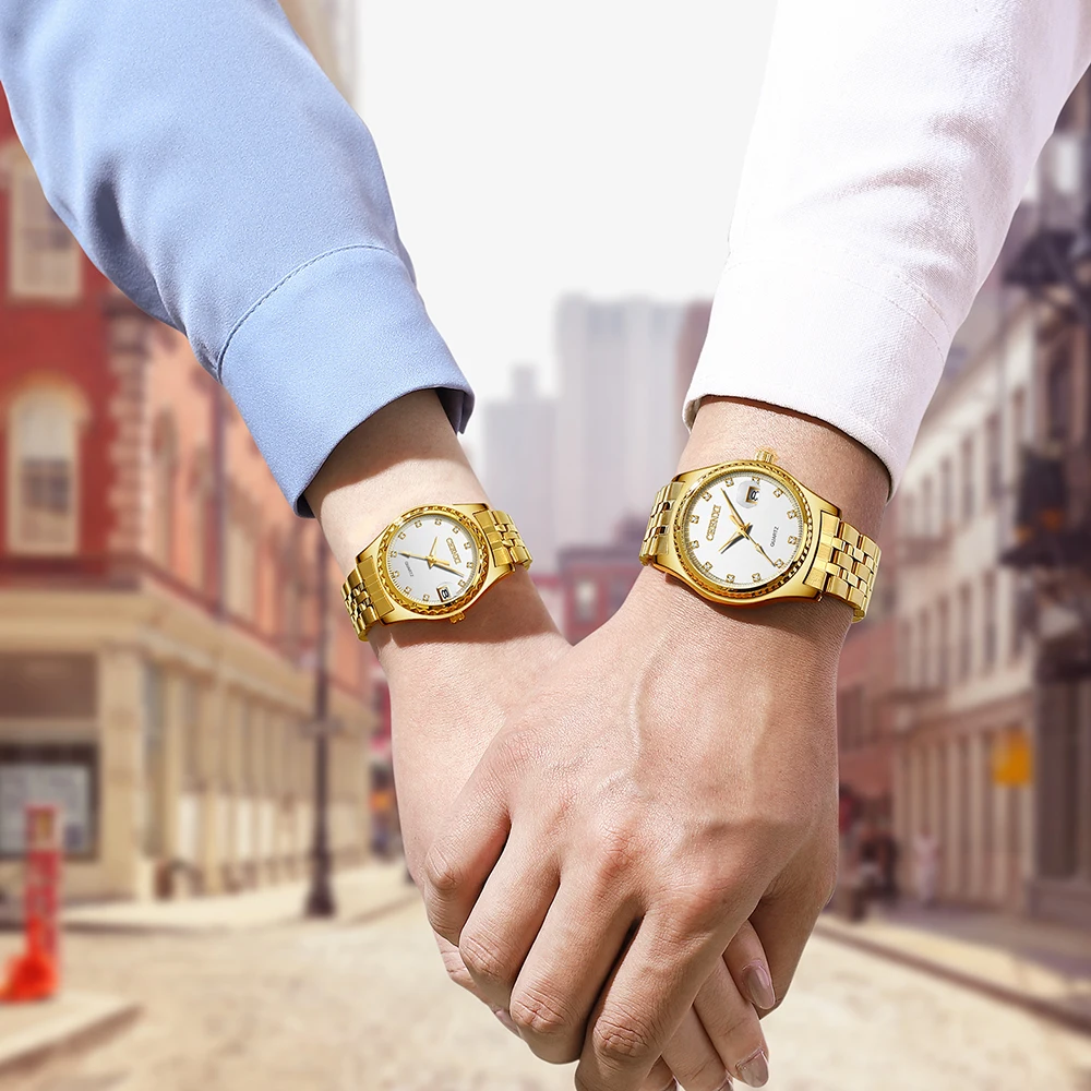 Новые мужские часы золото нержавеющая сталь дата кварцевые наручные часы, мода женские часы роскошный бренд пара часы подарок для влюбленных