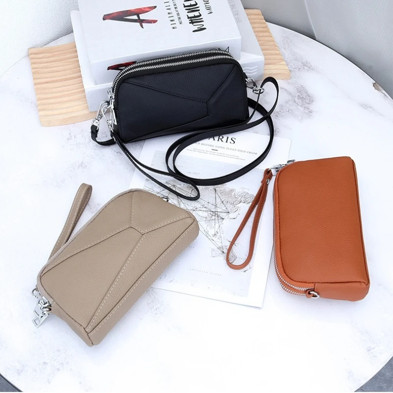 

Genuine Leather Wristlet Clutch Wallet Crossbody Purses with Double-Zipper, Small Crossbody Bags Shoulder Handbag for Women