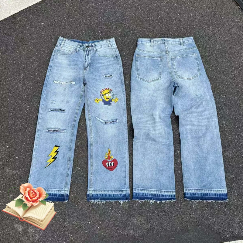

Embroidery False Perception Diamond Cartoon Graffiti Jeans Men Women High Quality Hip Hop Damaged Loose Straight Denim Pants