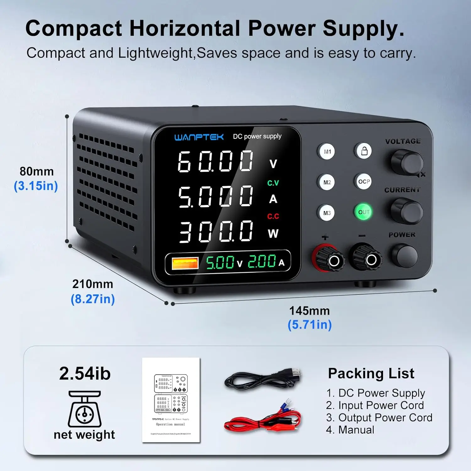 Alimentatore CC regolabile da 60 V 5 A con memoria, OCP, ricarica USB e display a 4 cifre