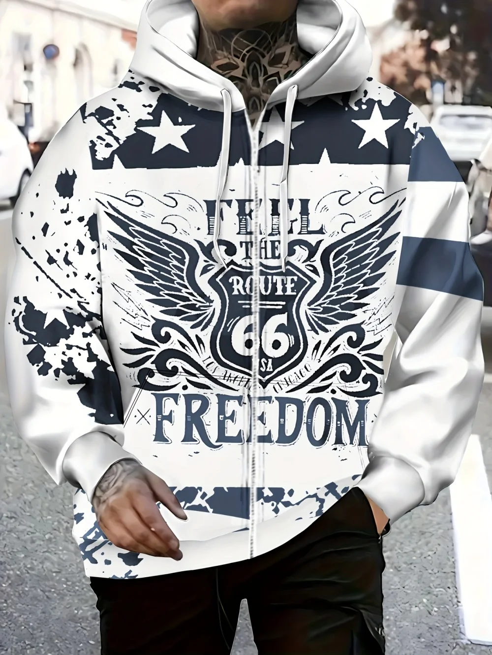 Mens Full Zip Hooded Trend American Flag Graphic Print Casual Outdoor Coat Drawstring Hood Pockets Long Sleeve Oversized Hoodie