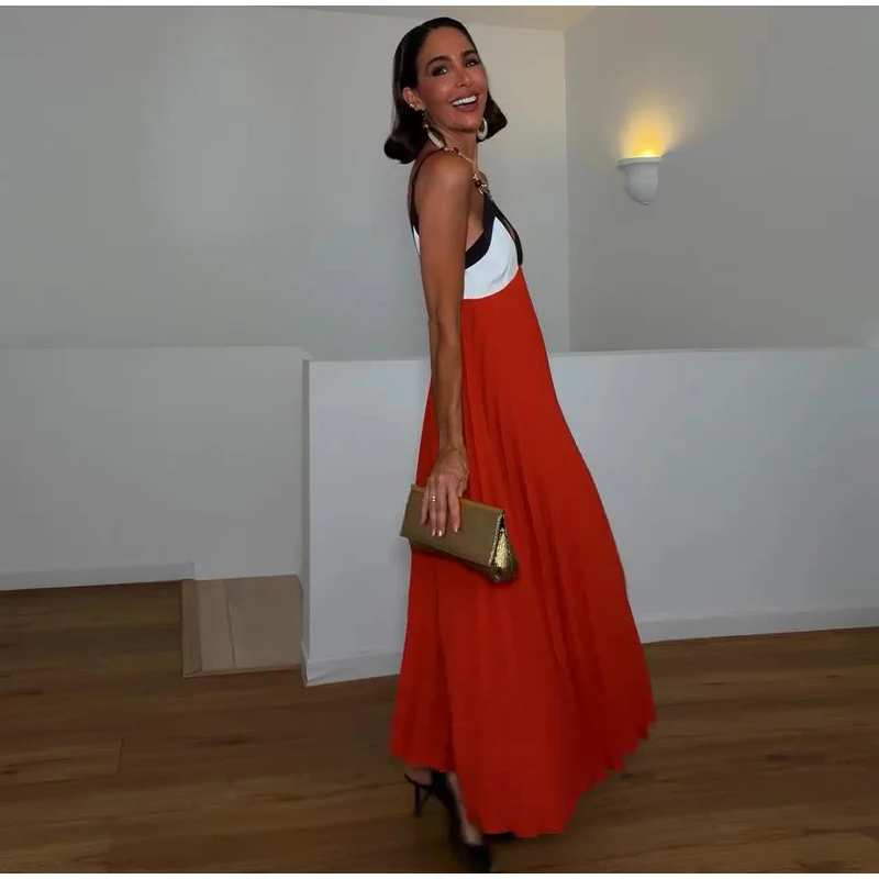 Kettenmuster-Maxikleid mit Spaghettiträgern, Farbblock-Design, V-Ausschnitt, A-Linie, Locker Geschnittenes Langes Kleid für Gäste und Partys, Sommermode 2026, Elegantes Abendkleid – Detail 16