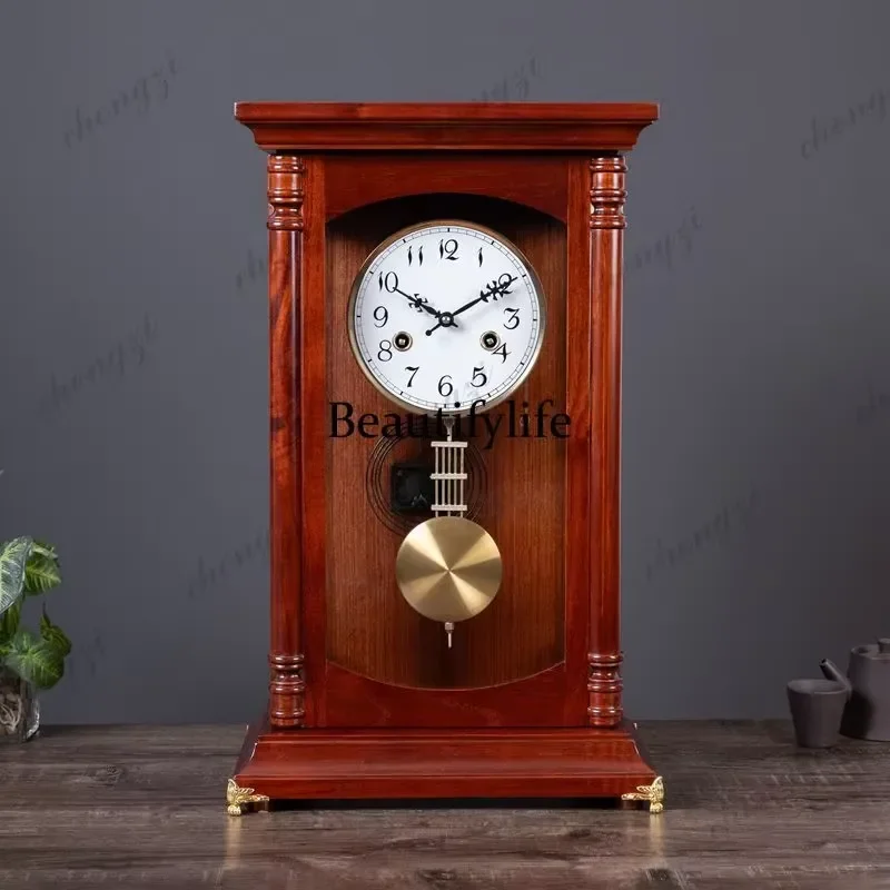 European Retro Solid Wood Mechanical Clock Living Room Entrance Desktop Old Fashioned Clockwork Pendulum Clock for Home Decor