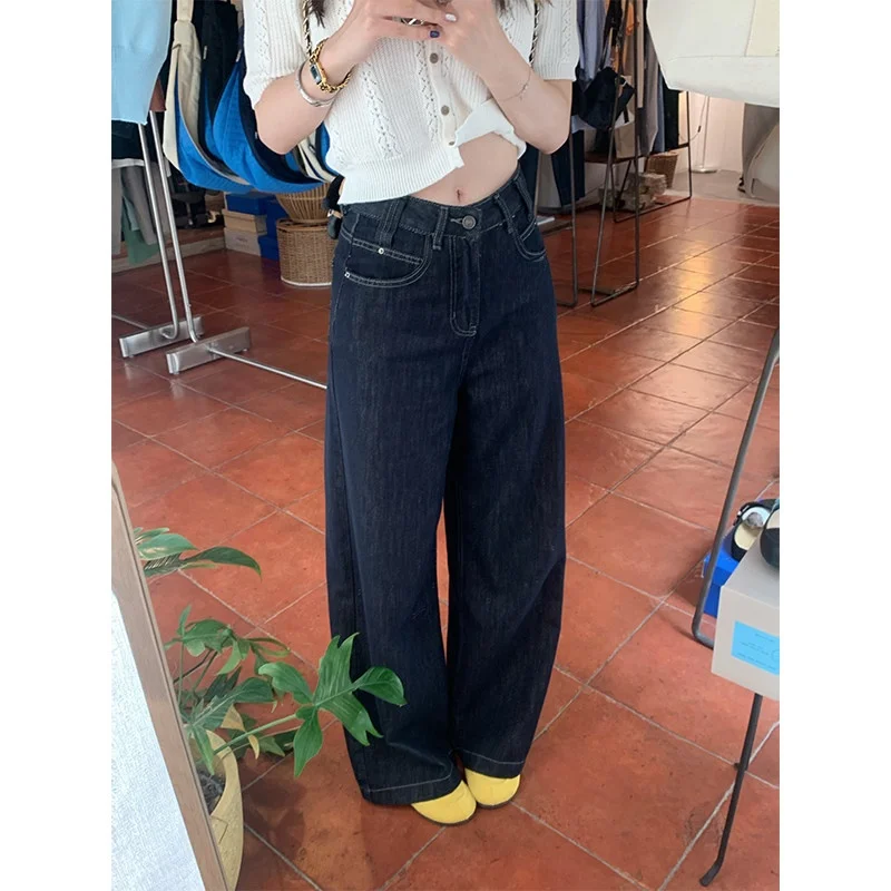 

Soft Washed Slim Line Denim Jeans Loose Wide Leg Ladies Summer Casual Comfortable Stretch Natural Waist Striped Pattern