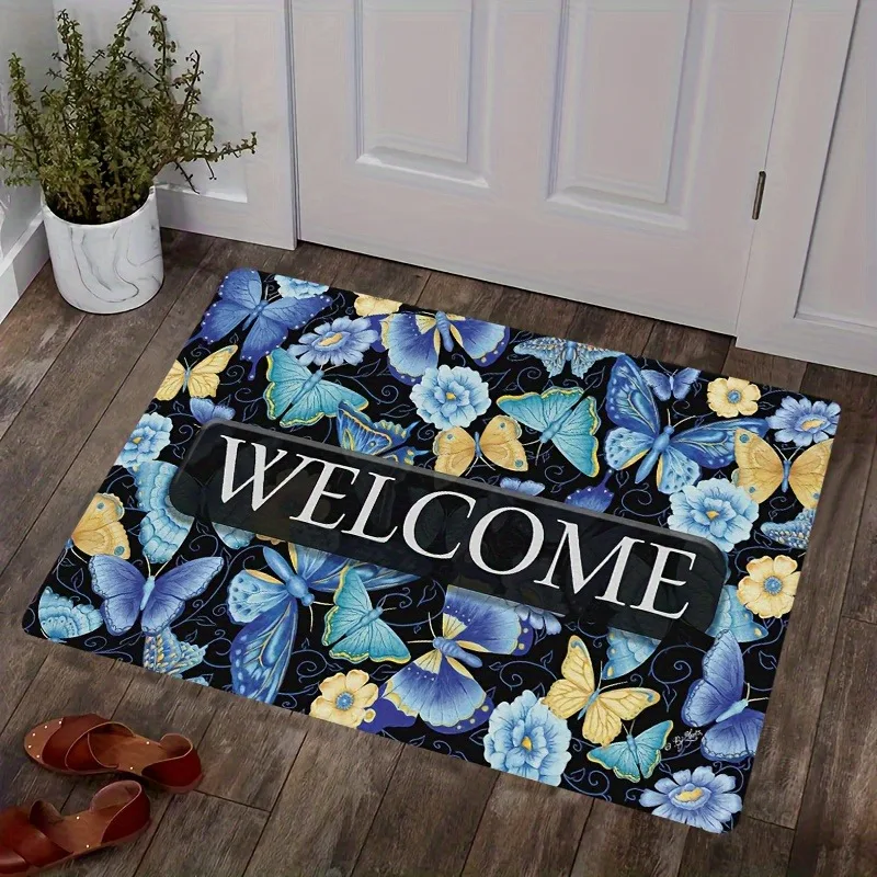 Blue Butterfly Anti Slip Door Mat Machine Washable Indoor Outdoor Use Suitable for Front Door Bathroom Kitchen Home Decoration