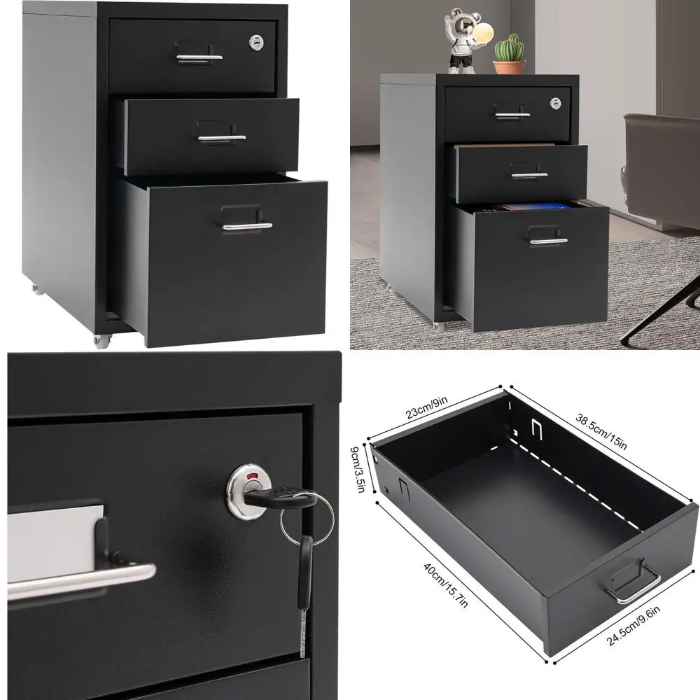 

Mobile Vertical Filing Cabinet with Lock, 3 Drawers, Rolling Under Desk Storage for Home/Office (Black)