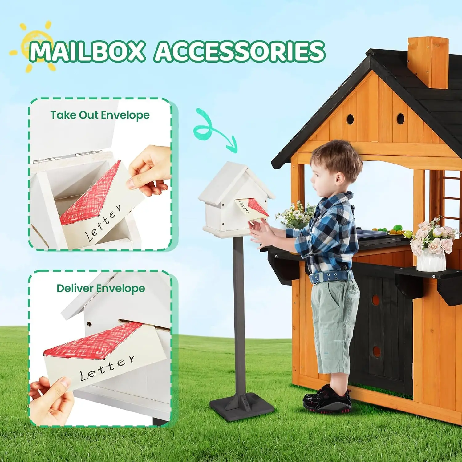 بيت لعب خشبي للأطفال للاستخدام في الهواء الطلق، كوخ مع حوض، طاولة نزهة، صندوق بريد، حاملات أواني الزهور، سن 3-8 (بني فاتح)، مخصص #4