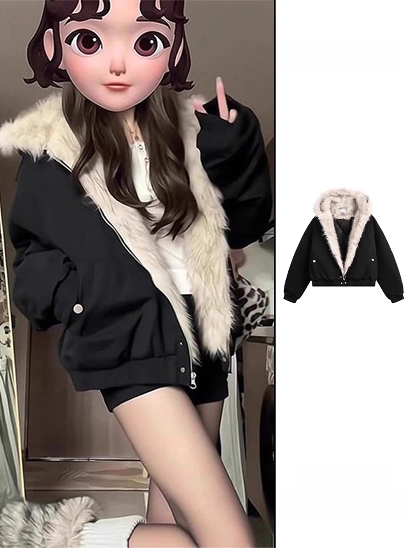 

Retro Bla Furry Collar Jaet Women's Winter Fce Lined Thiened Super Cute ort Coat with Hood Cotton Clothes