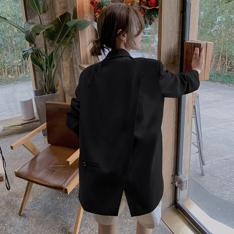 

Korean Popular Clothes Old Money Style Woman Black Blazer Lady Coat Loose Outwear V Neck Bow Tie Pockets Streetwear Outwears