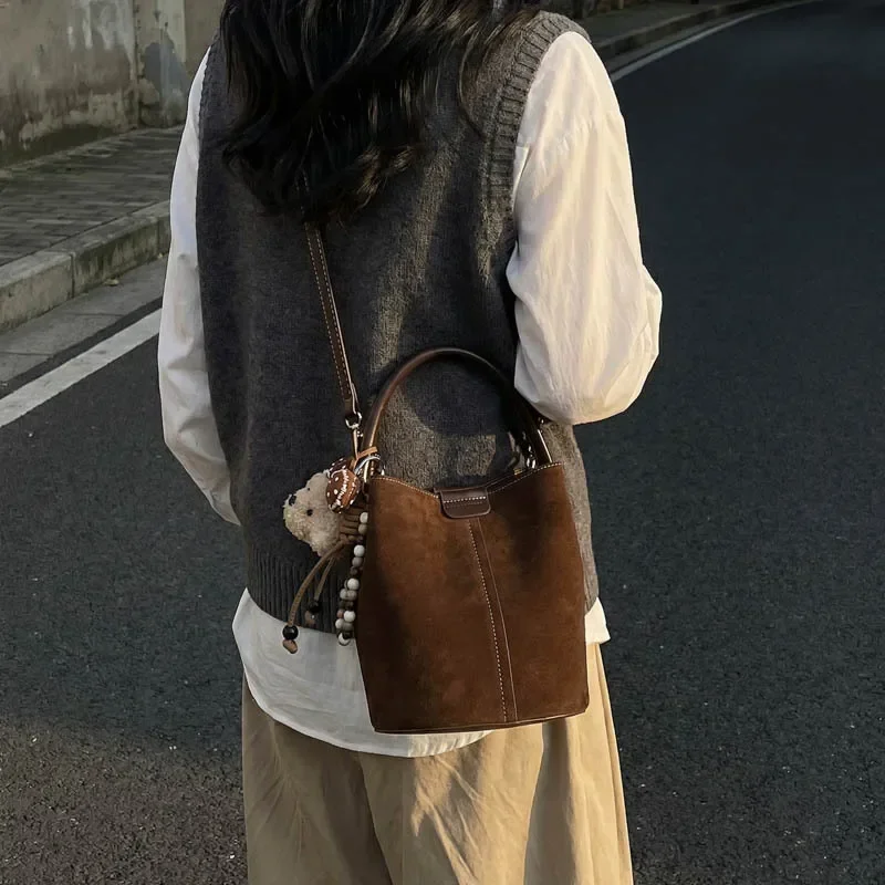 New Korean Style Simple Crossbody Bag Women Retro Matte Shoulder Bag Comfortable and Versatile Texture Casual Handle Bucket Bag