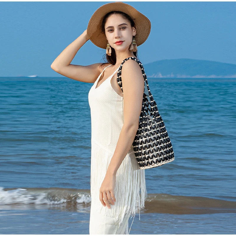 Holz Perle Gewebte Tasche Neue Design Marke frauen Hohl Perlen Meer Reise Vielseitige hand Schulter Unterarm Eimer Tasche – Detail 9