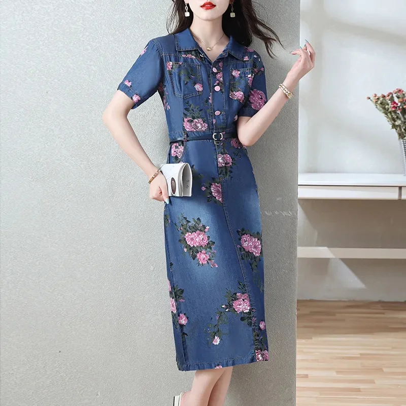 Denim Dress Mid Length Women's 2024 Summer Short Sleeves Thin Print Waist Wrapped Pop Street Vintage Shirt Skirt Trend