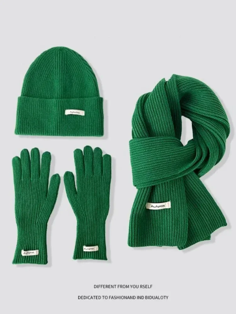 Knitted Winter Scarf Woman Solid Color Hat Scarf Gloves Women's Windproof Adult Three-piece Set Fashion Women's Scarf Hat Set