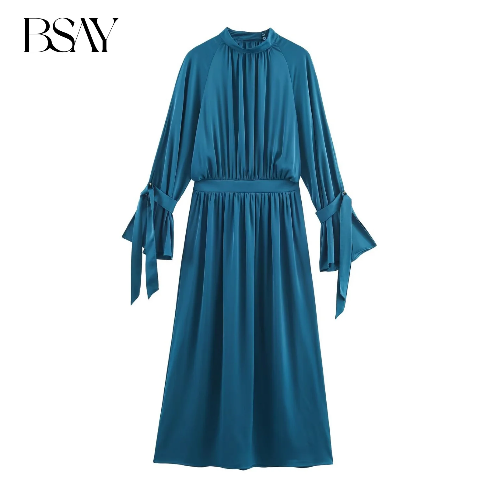 BSAY Satin Textur Midi Kleid Frauen Mode 2025, Herbst Winter Neue Französisch elegante Lange Kleider Chic Weibliche Abend Kleidung