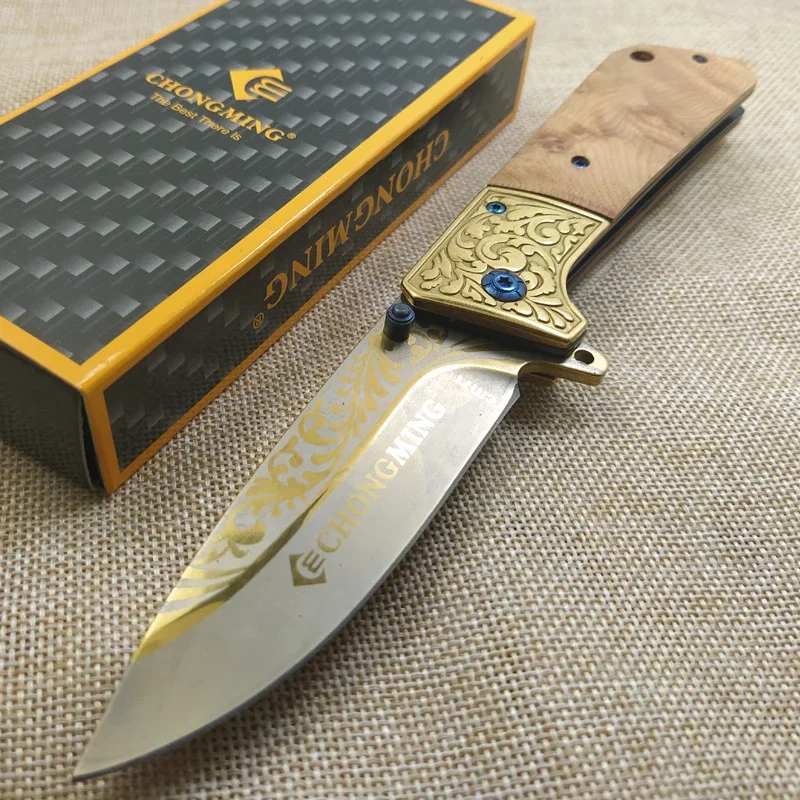 

Damascus Steel Knife Quick Open 7CR18MOV Knives Pocket Folding Knife Titanium Gold 440C Steel Blade Wood Handle Camping Knife