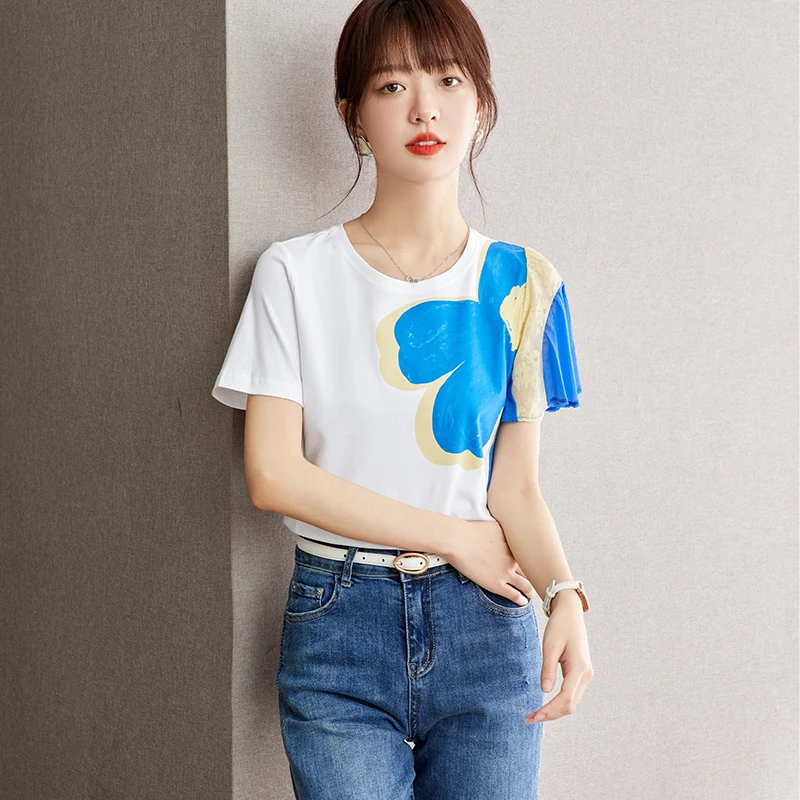 Spliced Print Short Sleeve T-shirt Women Clothing 2024 Summer New Slim Fit Casual O-neck Tops Tees Shirts Female D2920