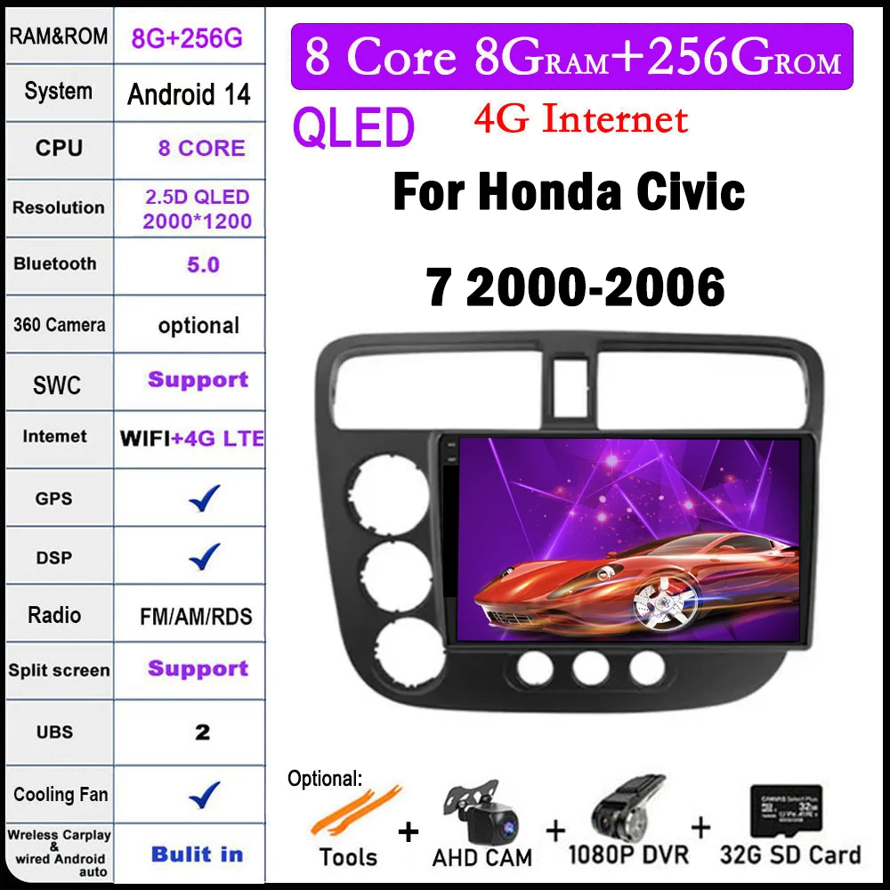 

9 дюймов для Honda Civic 7 2000-2006 Android 14 автомобильное радио Carplay мультимедийная Навигация Авто GPS видеоплеер стерео