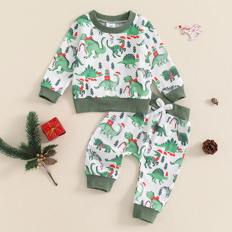 Baby Boy Christmas Outfit, Dinosaur Print Long Sleeve Sweatshirt Elastic Waist Pants 2 Piece Set for Winter Fall